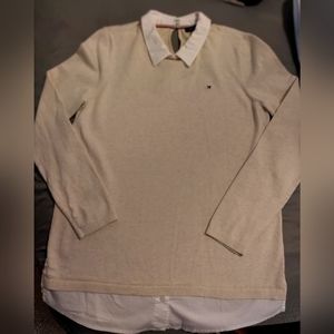 Tommy Hilfiger tan sweater with white shirt collar and shirt tail bottom sz med